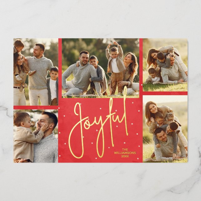 Elegant Red Multi Photo Joyful Foil Holiday Card (Front)
