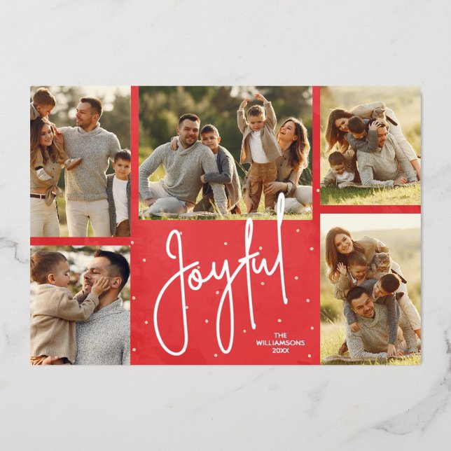 Elegant Red Multi Photo Joyful Silver Foil Holiday Card (Front)