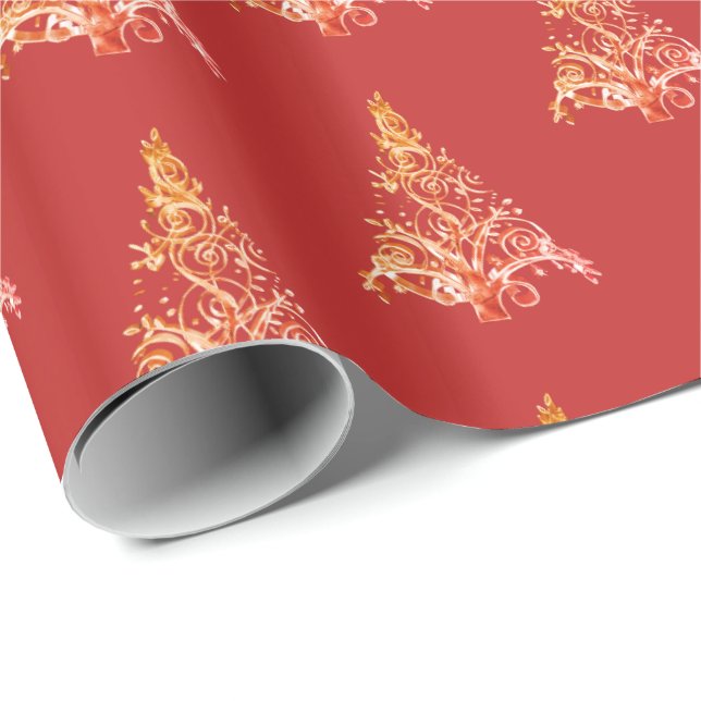 Elegant Red Orange Christmas Tree Pattern Wrapping Paper (Roll Corner)