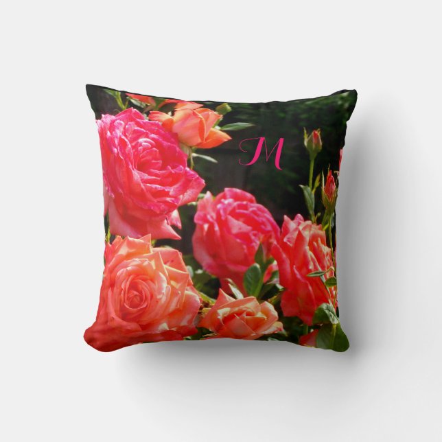 Elegant red orange coral roses rose garden cushion (Front)