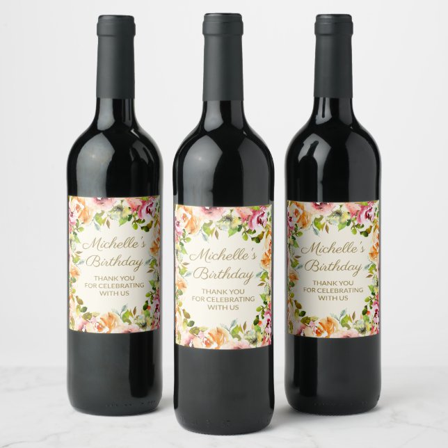 Elegant Red Orange Floral Birthday Thank You  Wine Label (Bottles)