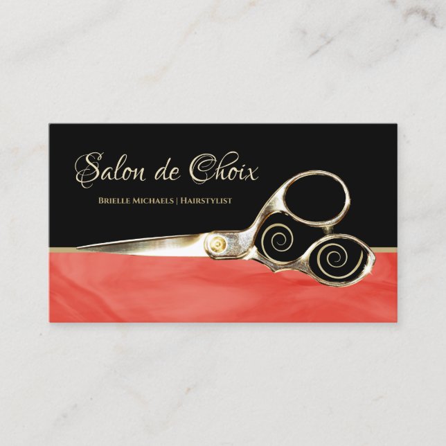 Elegant Red Orange Marble Gold Scissors Hair Salon Business Card (Front)