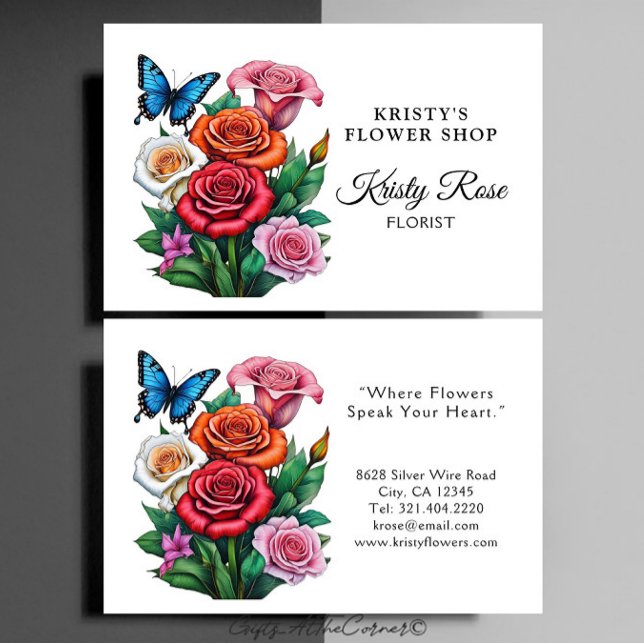 Elegant Red Orange Rose Flower Butterfly Florist Business Card (Creator Uploaded)