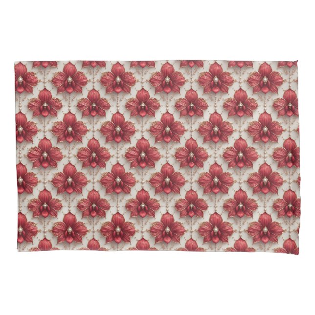 Elegant Red Orchid Pattern With Pearl Beads Pillowcase (Front)