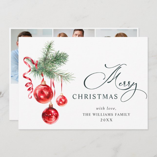 Elegant Red Ornament Christmas Greeting 3 PHOTO Holiday Card (Front/Back)