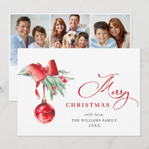 Elegant Red Ornament Christmas Greeting 3 PHOTO Holiday Card
