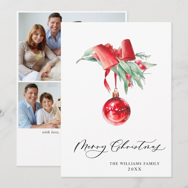 Elegant Red Ornament Christmas Greeting 3 PHOTO Holiday Card (Front/Back)