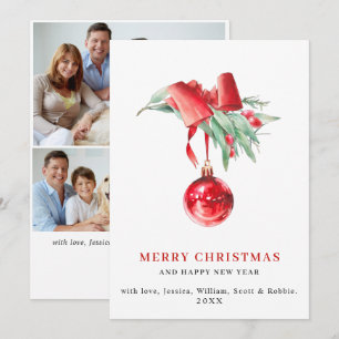 Elegant Red Ornament Christmas Greeting 3 PHOTO Holiday Card