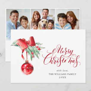 Elegant Red Ornament Christmas Greeting 3 PHOTO Holiday Card