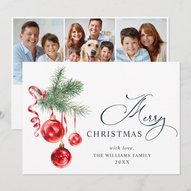 Elegant Red Ornament Christmas Greeting 3 PHOTO Holiday Card (Front/Back)