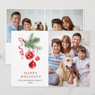 Elegant Red Ornament Christmas Greeting 3 PHOTO Holiday Card