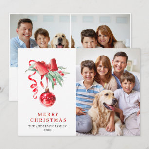 Elegant Red Ornament Christmas Greeting 3 PHOTO Holiday Card