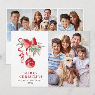 Elegant Red Ornament Christmas Greeting 4 PHOTO Holiday Card