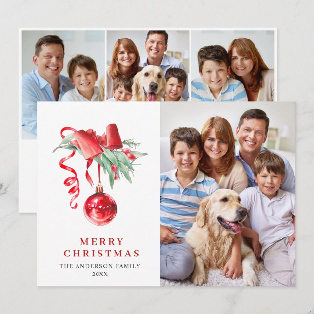Elegant Red Ornament Christmas Greeting 4 PHOTO Holiday Card (Front/Back)