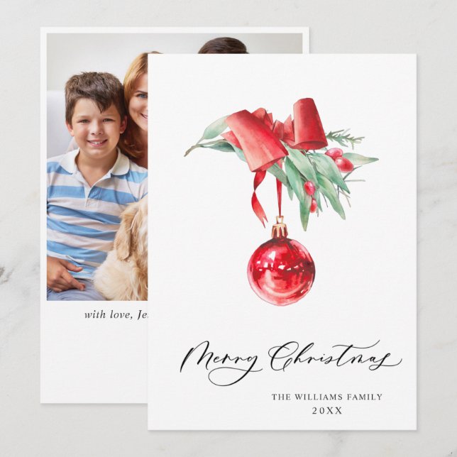 Elegant Red Ornament Christmas Greeting PHOTO Holiday Card (Front/Back)