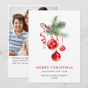 Elegant Red Ornament Christmas Greeting PHOTO Holiday Card
