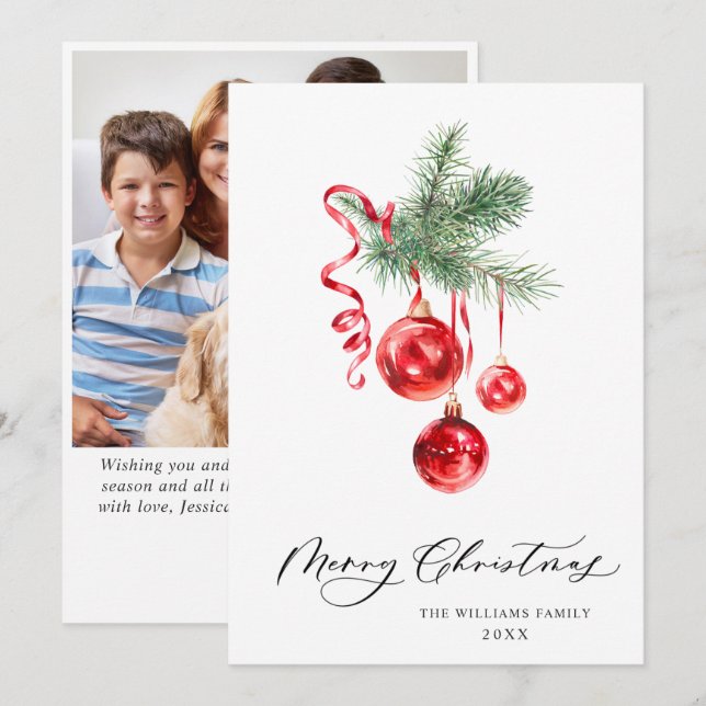 Elegant Red Ornament Christmas Greeting PHOTO Holiday Card (Front/Back)
