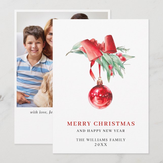 Elegant Red Ornament Christmas Greeting PHOTO Holiday Card (Front/Back)