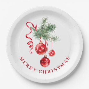 Elegant Red Ornament Christmas Holiday Party Paper Plate