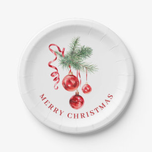 Elegant Red Ornament Christmas Holiday Party Paper Plate