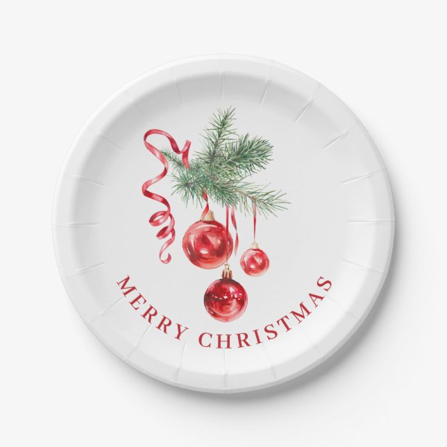 Elegant Red Ornament Christmas Holiday Party Paper Plate (Front)