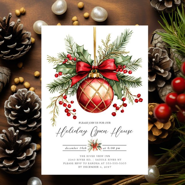 Elegant Red Ornament Holiday Open House Invite (Creator Uploaded)