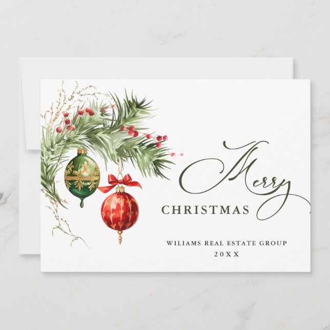 Elegant Red Ornament Merry Christmas Corporate Holiday Card (Front)