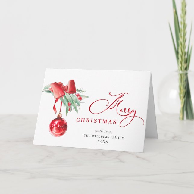 Elegant Red Ornament Merry Christmas Greeting Holiday Card (Front)