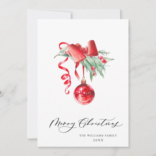 Elegant Red Ornament Merry Christmas Greeting Holiday Card (Front)