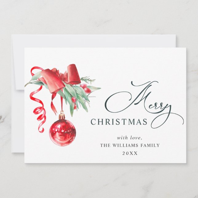 Elegant Red Ornament Merry Christmas Greeting Holiday Card (Front)
