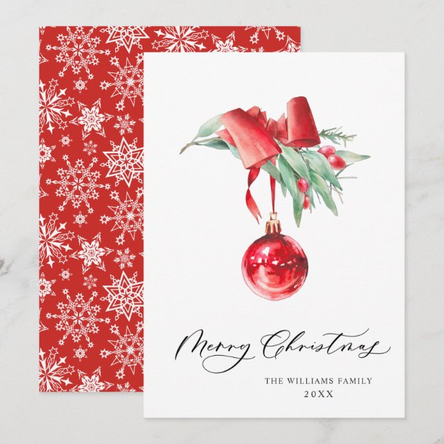 Elegant Red Ornament Merry Christmas Greeting Holiday Card (Front/Back)