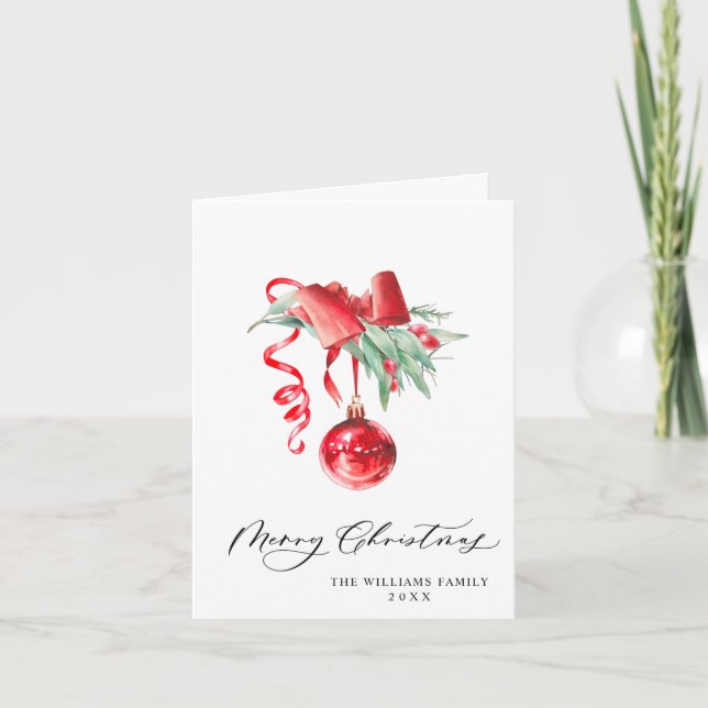 Elegant Red Ornament Merry Christmas Greeting Holiday Card (Front)