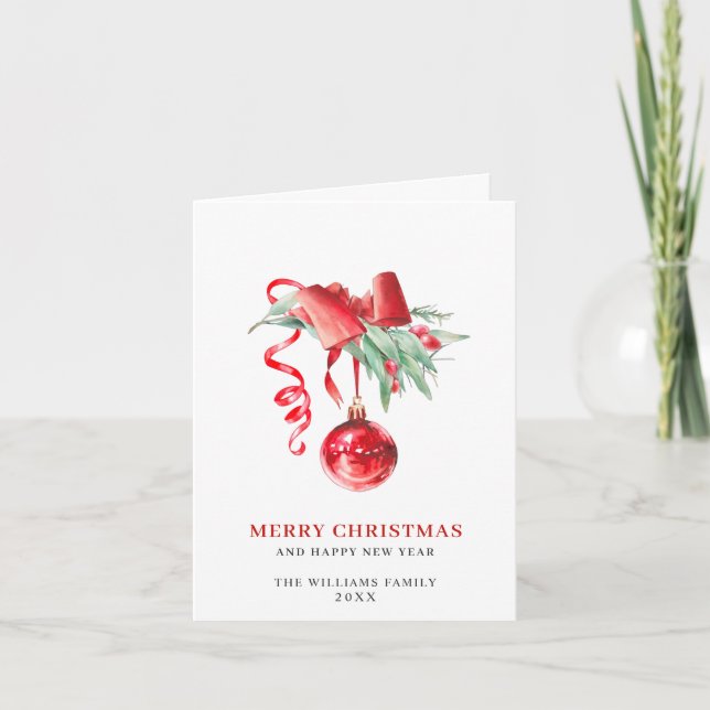 Elegant Red Ornament Merry Christmas Greeting Holiday Card (Front)