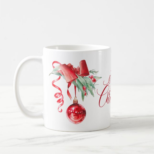 Elegant Red Ornament Merry Christmas Holiday Coffee Mug (Left)