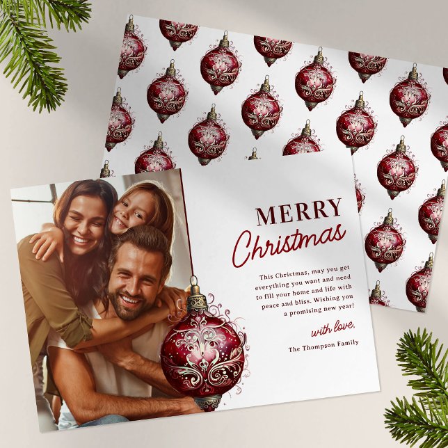 Elegant Red Ornament Photo Christmas Holiday Card (Creator Uploaded)