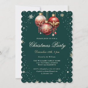Elegant Red Ornaments Green Gold Christmas Party Invitation