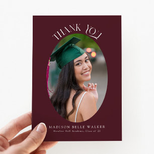 Elegant Red Oval Graduation Photo Thank You  Card