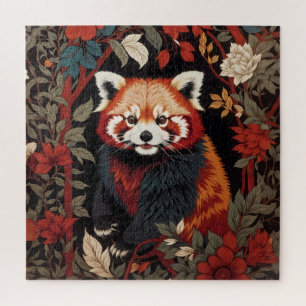 Elegant Red Panda William Morris Inspired Floral Jigsaw Puzzle