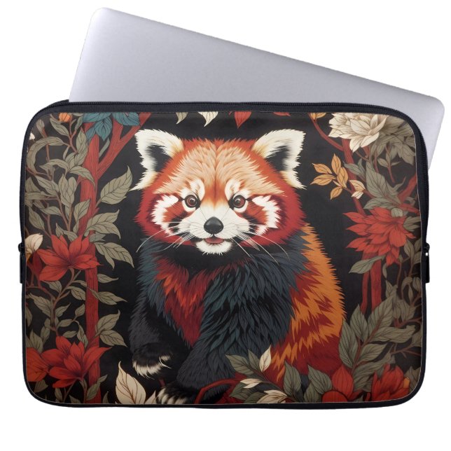 Elegant Red Panda William Morris Inspired Floral Laptop Sleeve (Front)