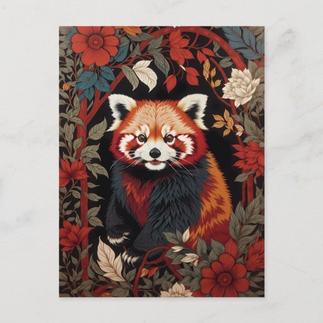 Elegant Red Panda William Morris Inspired Floral Postcard (Front)