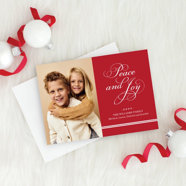 Elegant Red Peace and Joy Script Photo Holiday Card (Creator Uploaded)