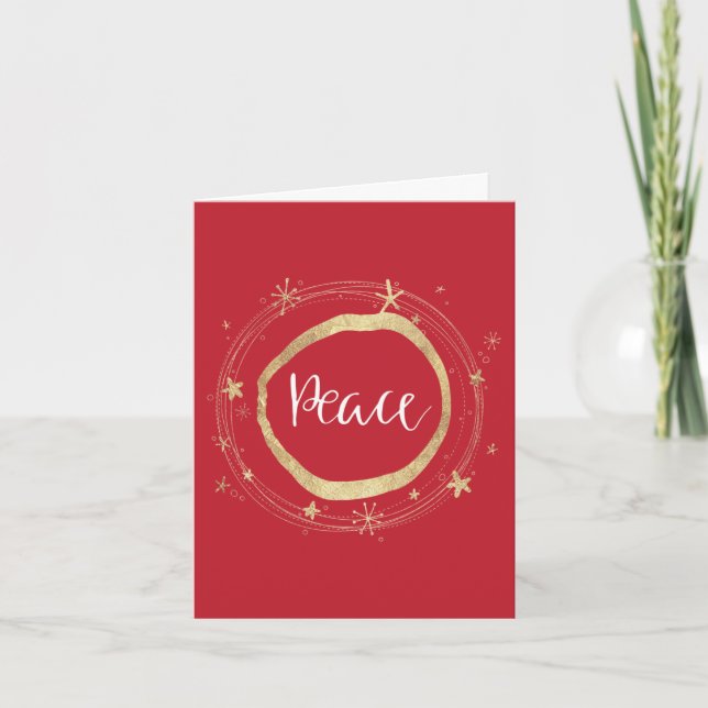 Elegant Red Peace Gold Star Holiday Card (Front)