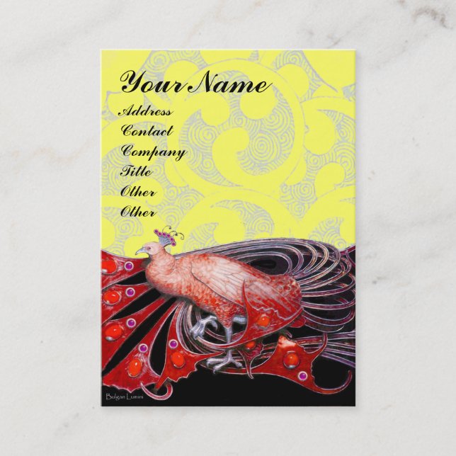 ELEGANT RED PEACOCK JEWEL IN YELLOW FLORAL SWIRLS BUSINESS CARD (Front)