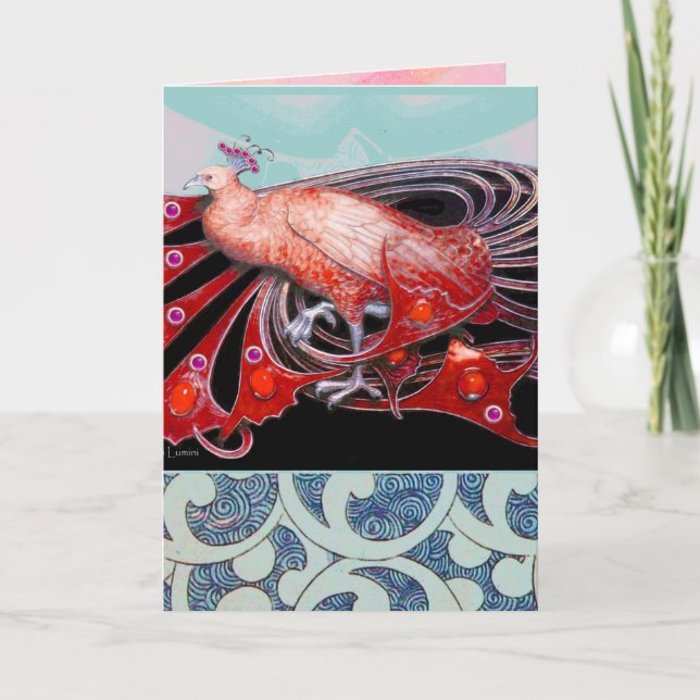 ELEGANT RED PEACOCK WITH GEOMETRIC SWIRLS HOLIDAY CARD (Front)