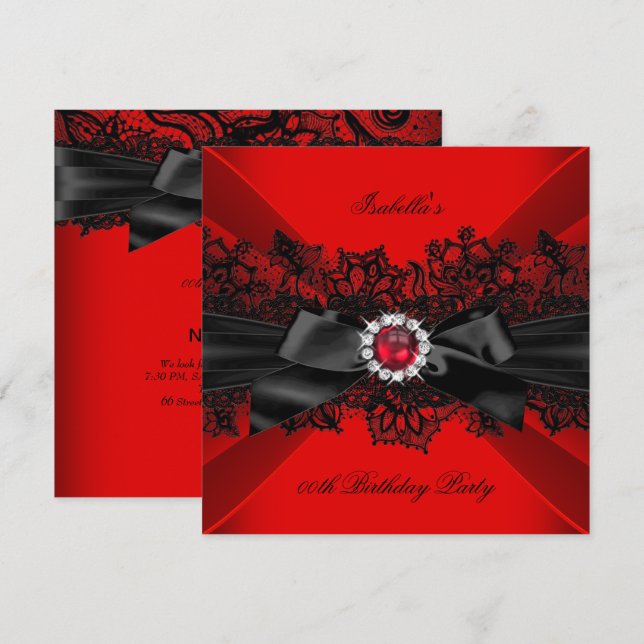 Elegant Red Pearl Black Lace Bow Birthday Party Invitation (Front/Back)