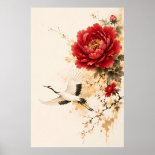 Elegant Red Peony and Crane Chinese Ink Painting Poster