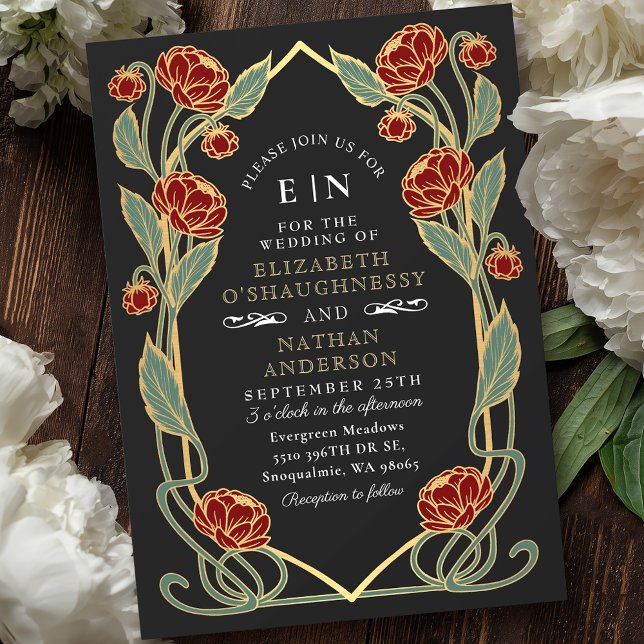 Elegant Red Peony Art Nouveau Floral Wedding Invitation (Creator Uploaded)