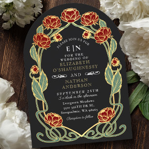 Elegant Red Peony Art Nouveau Floral Wedding Invitation
