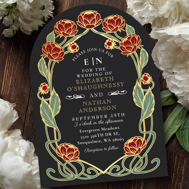 Elegant Red Peony Art Nouveau Floral Wedding Invitation (Creator Uploaded)