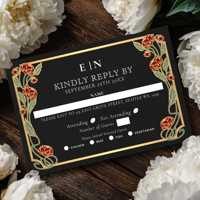Elegant Red Peony Art Nouveau Floral Wedding RSVP Card (Creator Uploaded)